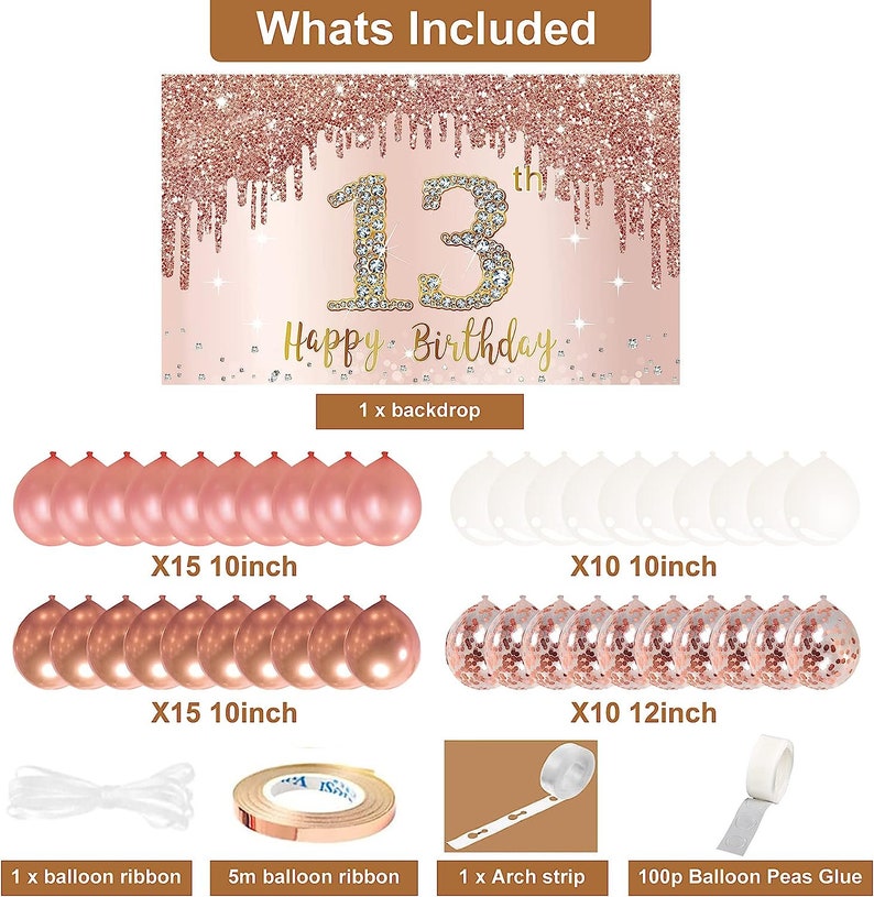 13th Birthday Backdrop and Balloon Garland Arch Decorations Rose Gold ...
