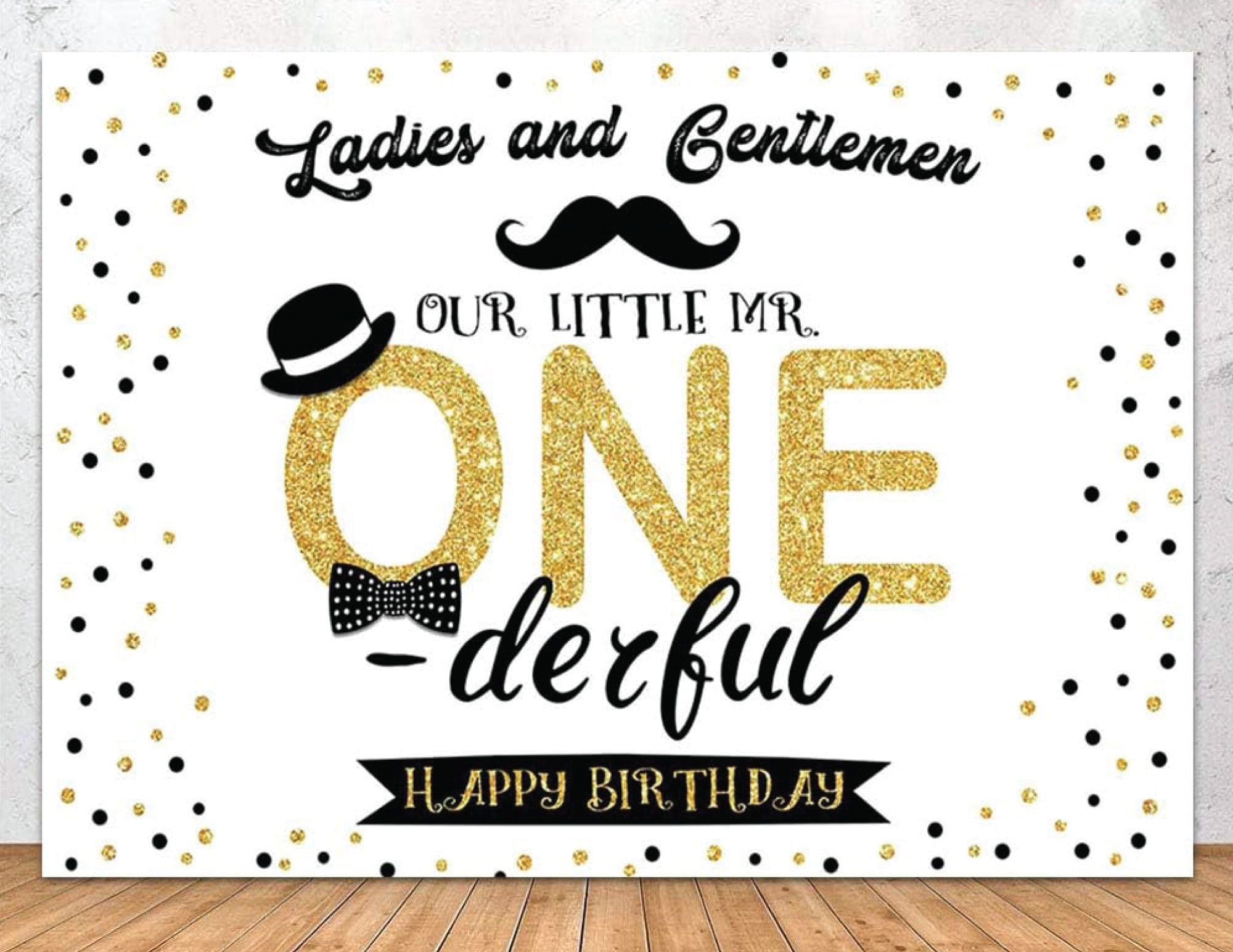 Mr ONEderful Backdrop Boys Black and Gold 1st Birthday Vinyl Photo Background Black Gold Little Man Birthday Banner Backdrops