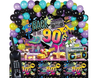Back to the 90s Balloon Garland Kit and Backdrop, Disco Ball Radio Boom Box Retro Mobile Phone Balloons for Back to 90s Hip Hop Birthday
