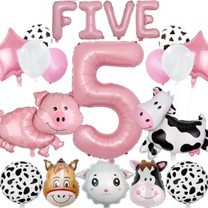May include: Pink and black farm animal themed balloon decorations for a fifth birthday party. The set includes a large pink number 5 balloon, a pig balloon, a cow balloon, a sheep balloon, a horse balloon, and several cow print balloons. The balloons spell out the word "FIVE" in pink letters.