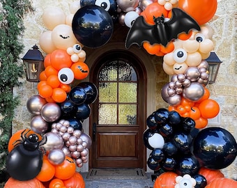 Halloween Balloon Garland Arch Kit 139Pcs Orange Black Balloons Set with Spider Bat Balloons and 3D Bat Sticker For Halloween Decorations