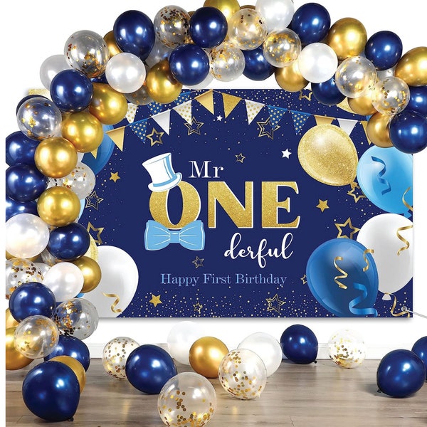 Mr ONEderful Backdrop and balloon Garland Arch Kit Boys Blue and Gold 1st Birthday Vinyl Photo Background Navy Blue Gold Little Man Birthday