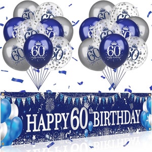 Large 60th Birthday Banner Backdrop Decorations for Men Women Silver Blue 60 Year Old Birthday Party Outdoor Indoor Banner 60th Party Decor
