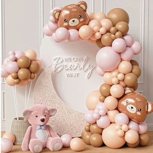 Teddy Bear Baby Shower Balloon Garland Arch, We Can Bearly Wait Photo Balloon Background Boho Brown Pink and Bear Girl Baby Shower Balloons