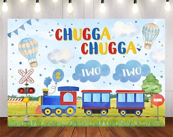 May include: A blue and red train with a yellow number 2 on the front, with the words "Chugga Chugga Two Two" on a blue and white background. The train is on a track with green grass and a blue sky with white clouds. There are two hot air balloons in the sky.