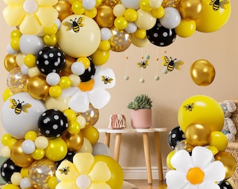 Bee Balloon Garland Arch kit, Yellow Black White Balloons with Bee Stickers, Honey Bee Birthday Baby Shower, Daisy Foil Balloons