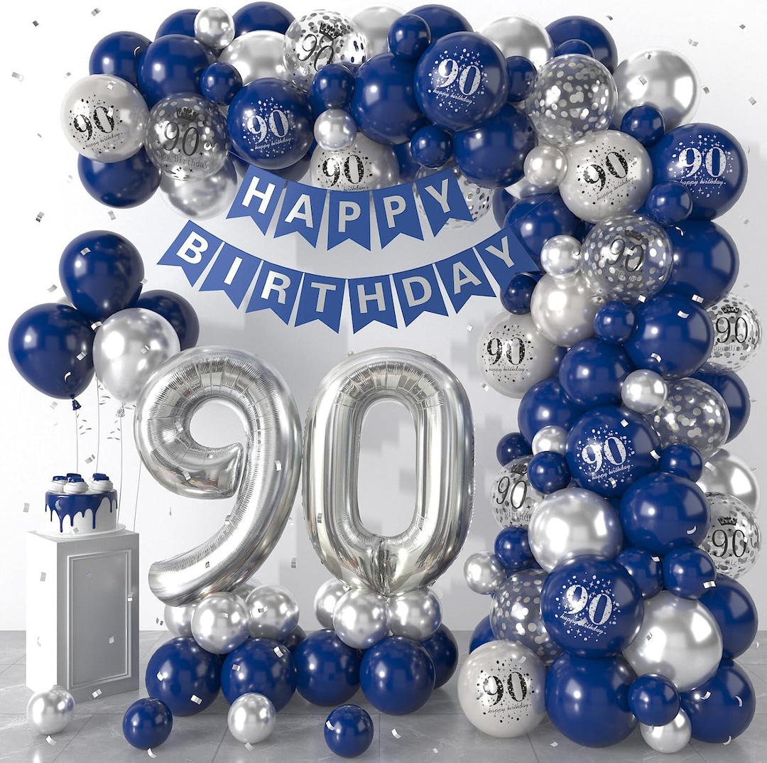 90th Birthday Balloon Garland Arch Blue and Silver 90th Birthday ...