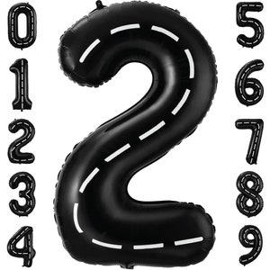 Race Car Number Balloons, 40&quot; Inch Black Mylar Balloons with White Stripes, Black Tire Number BalloonWhite Stickers, Race Car Party Two Fast