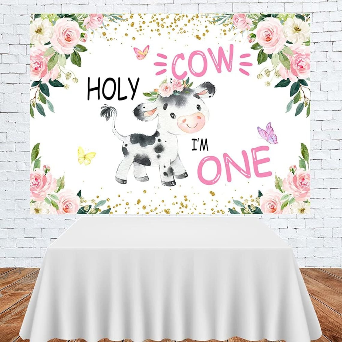 Holy Cow Im One Floral Circle Happy Birthday Backdrop
