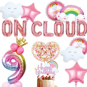 On Cloud 9 Birthday Balloons, Girls Rose gold 9th Birthday Balloons Number 9 balloon Cloud Rainbow Balloons Cake Topper Decorations