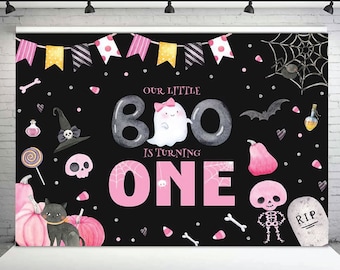 Halloween 1st Birthday Party Decorations Girl Our Little Boo Is Turning One Banner Backdrop High Chair Banner Ghost Bat Cake Decorations Pink Spooky One Hap