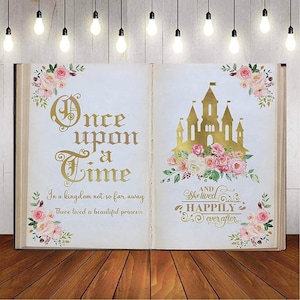 Once Upon a Time Backdrop Banner Pink Floral Gold Castle Princess Fairytale Books Birthday Party Decoration Girls First Birthday Party