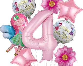 Fairy Princess 4th Birthday Balloons, Pink Princess Balloons, Floral Fairies Party Balloons for Girls Wonderland Fairy Fourth Birthday Party
