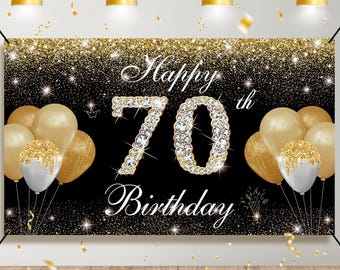 70th Birthday Banner Backdrop Decorations for Men Women Black Gold Happy 70 Year Old Birthday Decor Photo Booth Props 70th Party Supplies