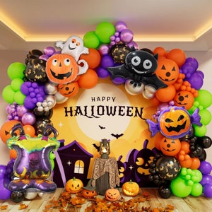 Halloween Balloon Garland Arch Kit 153Pcs Orange Black Purple Green Balloons Set with Bat Pumpkin Ghost Bat Balloon Halloween Decor