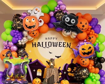 May include: A Halloween party decoration with a balloon arch made of purple, green, orange, and black balloons. The arch is decorated with foil balloons shaped like pumpkins, bats, and ghosts. The balloons are arranged in a semi-circle and spell out "Happy Halloween".