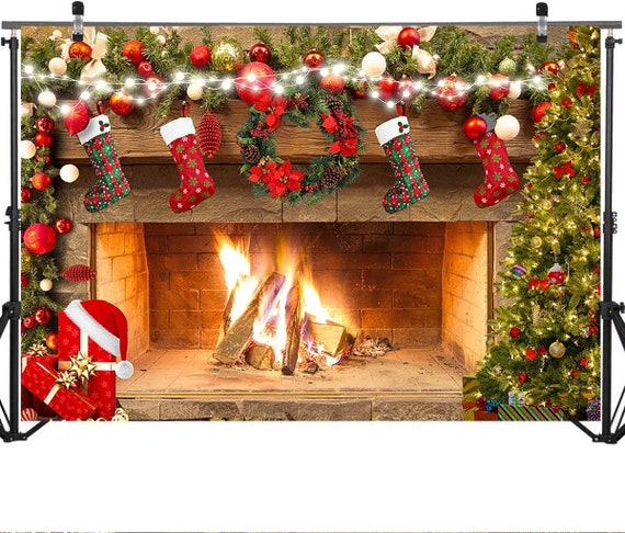 CORFOTO Burning Fireplace Backdrop Fabric 7x5ft Fake Fireplace Picture Firewood Warm Fire Flame Christmas Background For Winter Xmas Photo Props - View #7