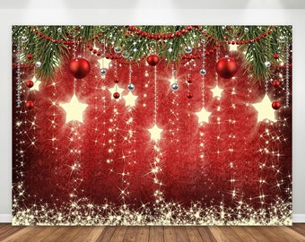 Christmas Backdrop, Red Sparkling Stars Christmas Family Picture Vinyl Photography Background 7x5ft New Year Xmas Glittering Stars Banner