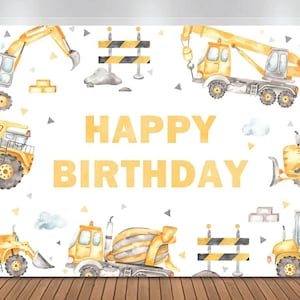 May include: A white background with yellow construction vehicles and the words "Happy Birthday" in yellow. The vehicles include a cement mixer, a bulldozer, a crane, and a dump truck. There are also gray and yellow construction barriers and gray bricks.