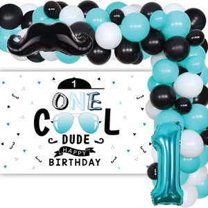 One Cool Dude 1st Birthday Party Decorations Kit - Blue & Black Balloon Garland, Banner, Cake Topper, Photo Props - View #9
