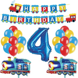 May include: A blue number four balloon, two blue train balloons, and a banner that says "Happy Birthday" with red, yellow, and blue train cars. There are also red, yellow, and blue latex balloons.