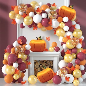 Fall Pumpkin Balloon Garland Arch Kit 130Pcs Orange White Pearl Gold Balloons with Maple Leaves Balloons Thanksgiving Pumpkin Autumn Party