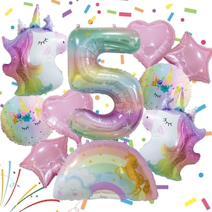 Unicorn 5th Birthday Balloons, Pastel Unicorn Balloons, Pink Purple Rainbow Unicorn Party Balloons for Girls Unicorn fifth Birthday Party