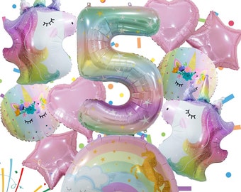 Unicorn 5th Birthday Balloons, Pastel Unicorn Balloons, Pink Purple Rainbow Unicorn Party Balloons for Girls Unicorn fifth Birthday Party