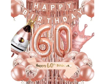 60th Birthday Decorations for Women, Rose Gold 60 Birthday Party Decoration for Her, 60th Happy Birthday Banner Kits Rose gold Balloons
