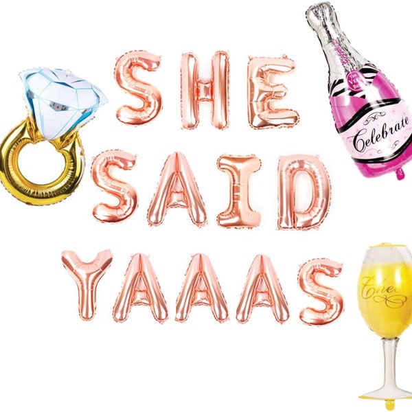 She Said Yes Balloons, Rose gold She Said Yaaas Banner, Diamond Ring Champagne Bridal Shower Balloon, Letter Giant Celebration Balloons