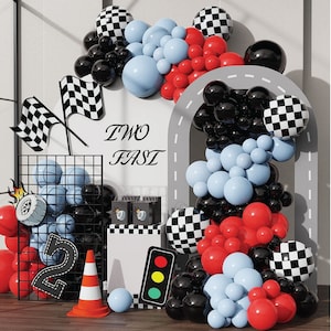 Race Car Balloons Arch Garland Kit 148PCS Red Blue Black Checkered Flag Foil Balloon Racing Car Theme Two Fast 2nd Birthday for Boys