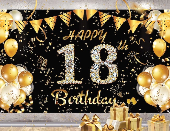 18th Birthday Banner Backdrop Decorations for Girl Boy Black Gold