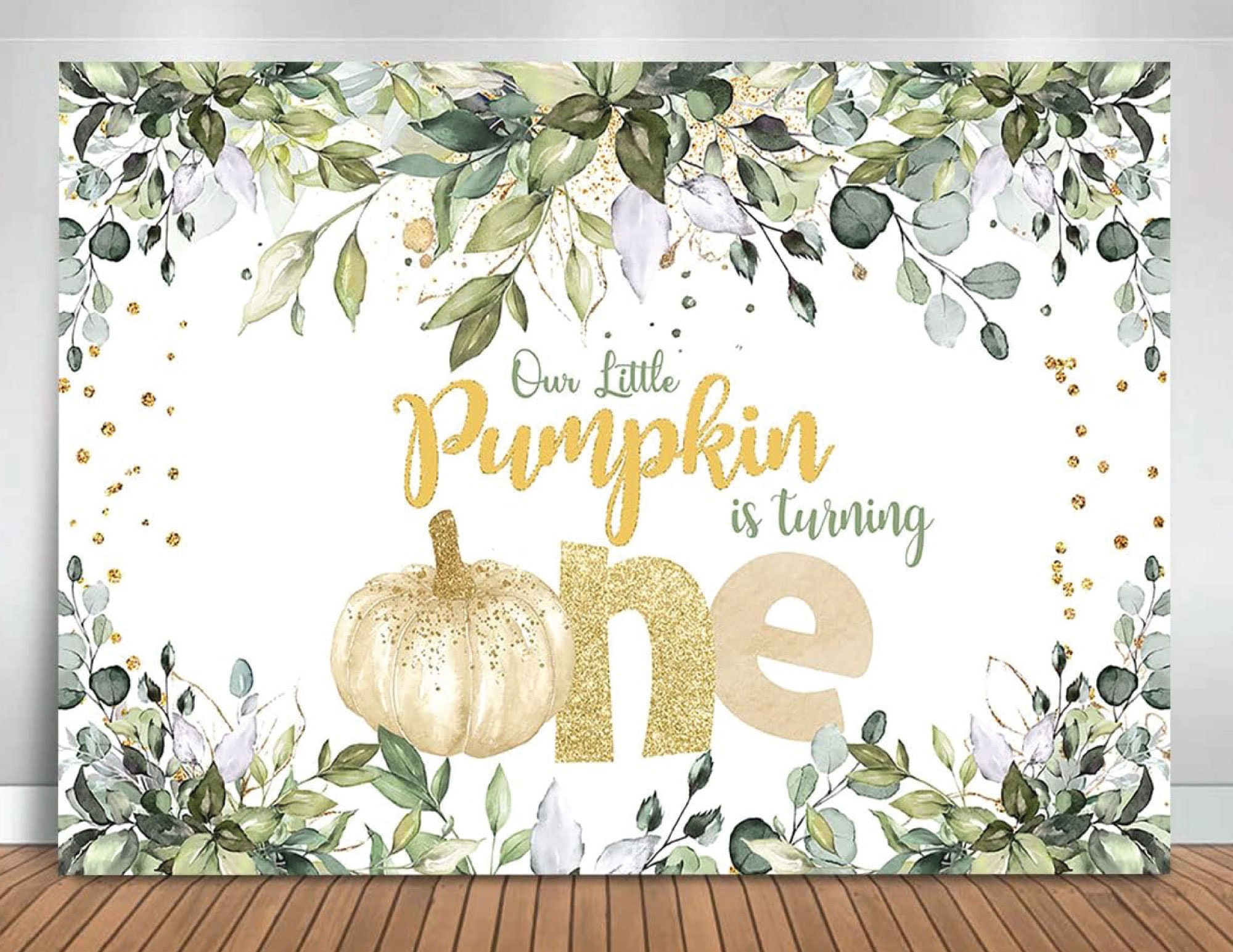 Our Little Pumpkin is Turning One Backdrop Greenery Golden Dots Fall Little Pumpkin 1st Birthday Banner Pumpkin First