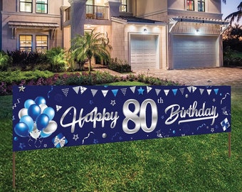 May include: Blue and silver Happy 80th Birthday yard sign with balloons and confetti.