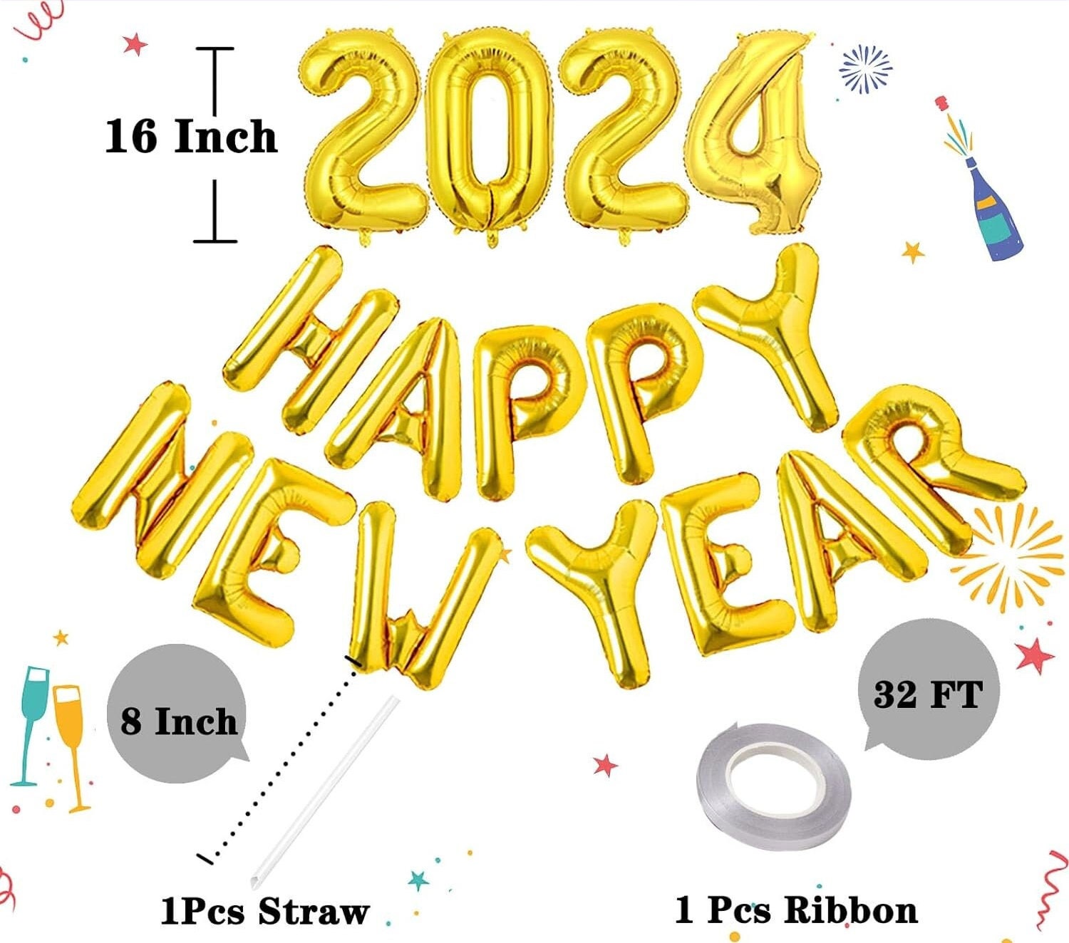 Gold Happy New Year 2024 Balloons Gold Happy New Year Etsy