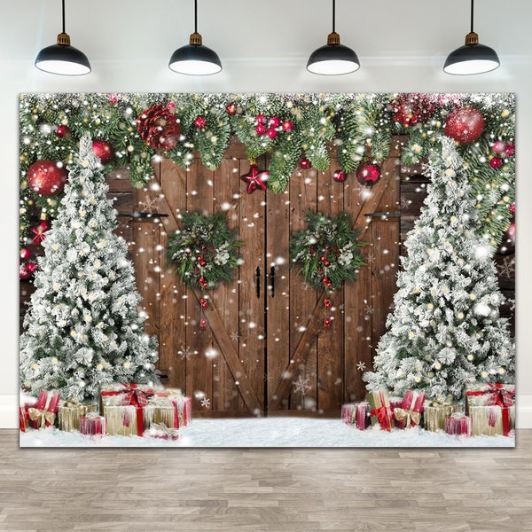 Christmas Photography Backdrop, Christmas Rustic Barn Wood Door Family Picture Vinyl Photography Background, Xmas Tree White and Red Banner