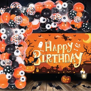 Halloween Birthday Backdrop and Balloon Garland Arch Kit Black Orange Balloon Set with Spider Web Bat Stickers for Halloween Theme Birthday