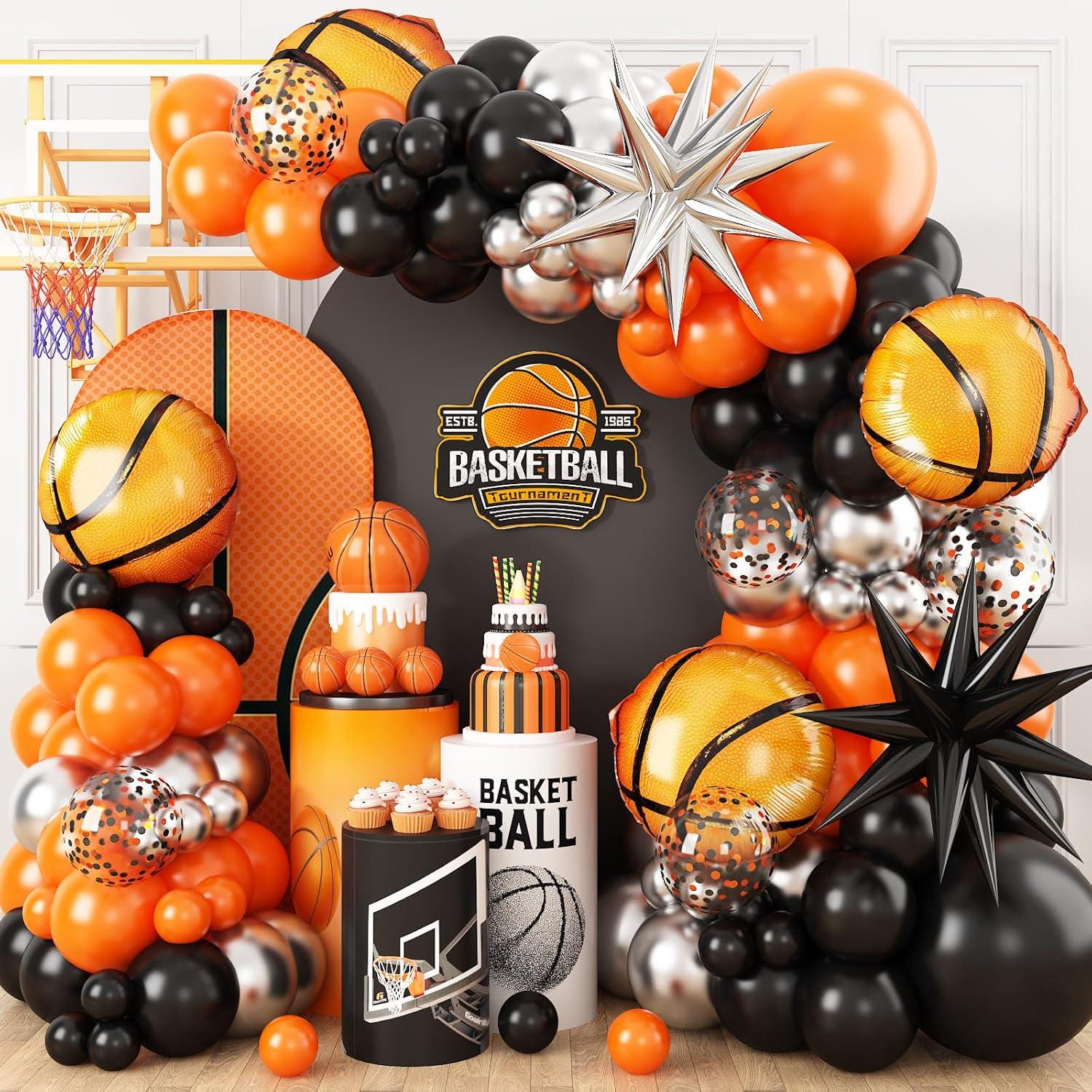 Kit Déco Anniversaire Basketball - 107 Ballons Noir Orange Argent - Arche Et Étoiles - Garçons Et Sportifs