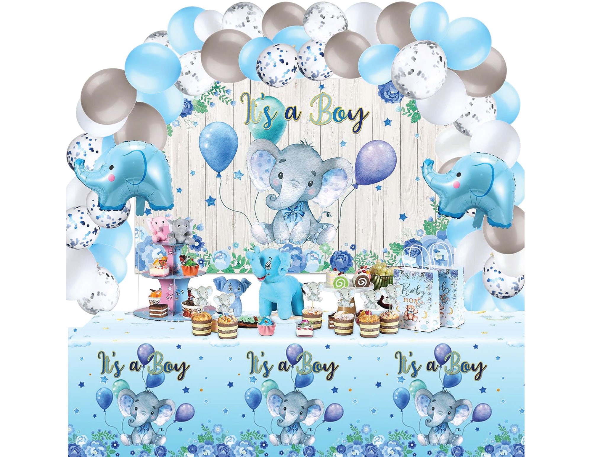Blue Elephant Baby Shower Decorations for Boy Blue Elephant Balloon Garland Kit Floral Elephant Its a Boy Backdrop Its a Boy