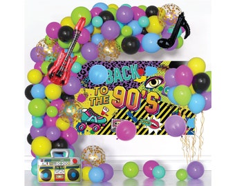 Back to the 90s Backdrop and Balloon Garland Kit, Retro Boom Box Radio Guitar Note Balloons for Back to 90s Hip Hop Birthday Party