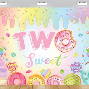 Donut Two Sweet Backdrop Banner, Donut Backdrop, Girl&#39;s Second Birthday Donuts Sprinkles Confetti Photography Background Sign 7x5ft