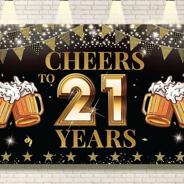 Cheers to 21 Years Backdrop Banner Decorations for Boy girl Black Gold 21st Anniversary Decor Photo Booth Props 21st Birthday Party
