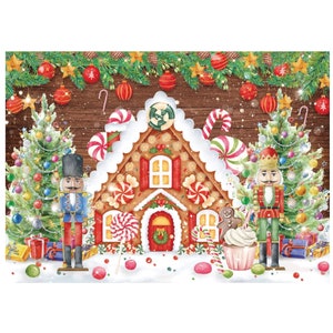 May include: A gingerbread house decorated with candy canes and lollipops sits between two Christmas trees.  Two nutcracker figurines stand beside the trees, one holding a candy cane and the other holding a gingerbread man.