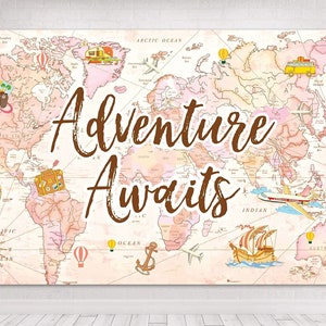 Adventure Awaits Banner Backdrop, Adventure Map Backdrop for Graduation Party Baby Shower Photo Booth Pink Travel Theme World Map Backdrop