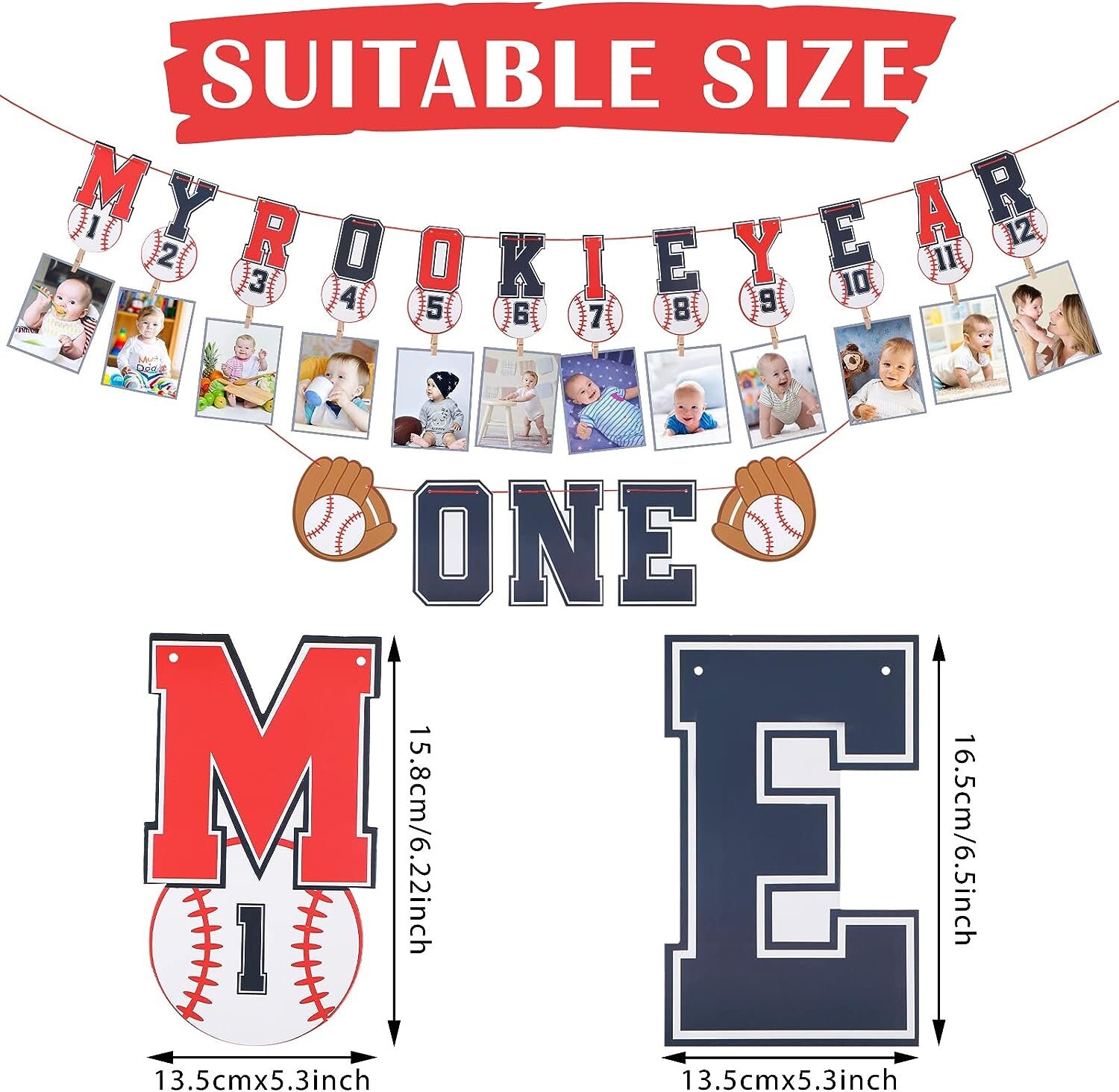 Baseball Rookie Jahr Dekorationsset – 1. Geburtstag, Navy Blue, Monatsfoto-Banner & Hochstuhl-Banner