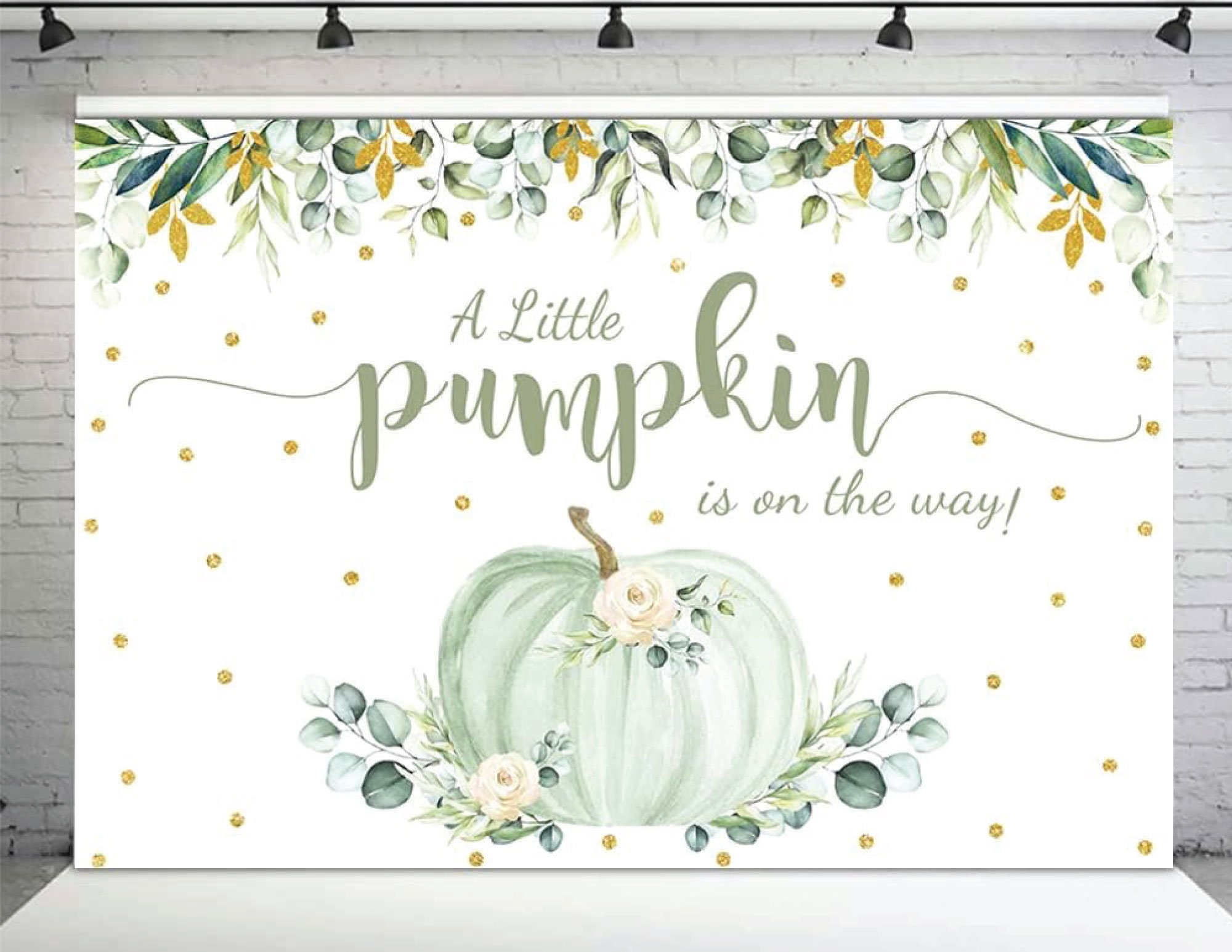 A Little Pumpkin is on the Way Backdrop Green Pumpkin Gold Green Eucalyptus Cake Table Banner Autumn Leaves Pumpkin Baby