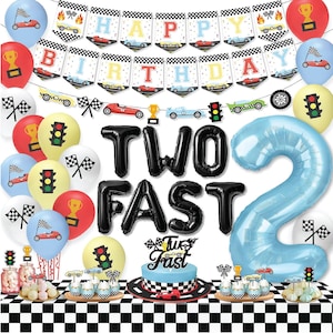 Two Fast Birthday Decorations Black red Blue Boys Race Car 2nd Birthday Balloons Giant Number 2 balloon Two Fast Cake Cupcake Toppers