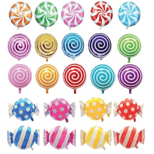 May include: A set of 20 colorful foil balloons shaped like lollipops and candy. The balloons are in various colors, including red, blue, green, yellow, pink, and purple. Some balloons have white stripes, while others have white polka dots.