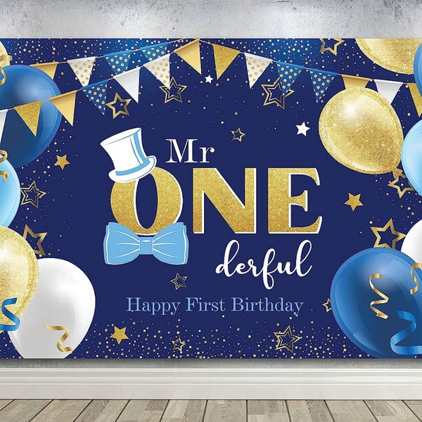 Mr ONEderful Backdrop Boys Black and Gold 1st Birthday Vinyl Photo Background Blue and Gold Little Man Birthday Banner Backdrops