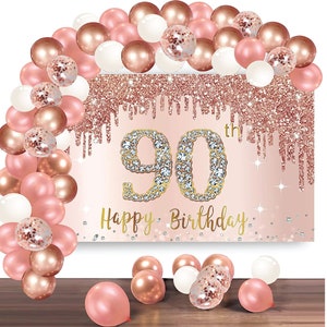90th Birthday Backdrop And Balloon Garland Arch Decorations Rose Gold 90 Birthday Banner Balloon Set for Girls 90th Photo Booth Props